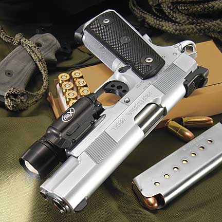 Silver pistol and tan ammo box
